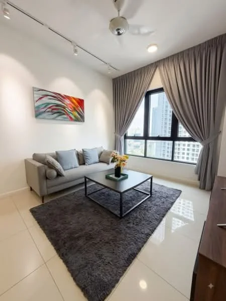 Living features: 3-seater fabric sofa in grey, coffee table with black frame, area rug with geometric pattern, floor-to-ceiling windows, sheer curtains, recessed downlights, ceiling fan, framed artwork with abstract design, light-coloured walls, tile flooring; style: modern; view: city.