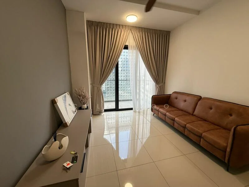 Living features: brown leather sofa, white walls, grey accent wall, floor-to-ceiling windows, sheer curtains, polished tile flooring, TV console, decorative vase, wall-mounted artwork, recessed ceiling light, ceiling fan; style: modern; view: city.