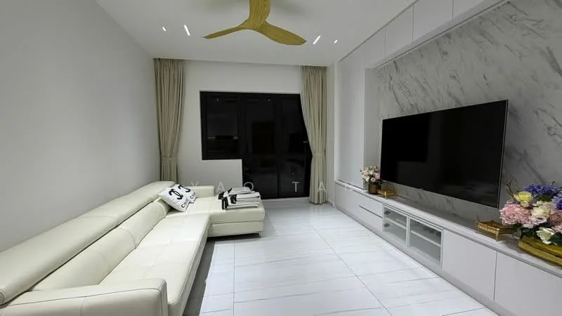 Living features: white leather sectional sofa, wall-mounted flat-screen TV, white cabinetry with storage, marble accent wall, light-colored tiled flooring, 5-blade ceiling fan with light, floor-to-ceiling windows, sheer curtains, decorative flower arrangement, decorative throw pillow; style: modern.