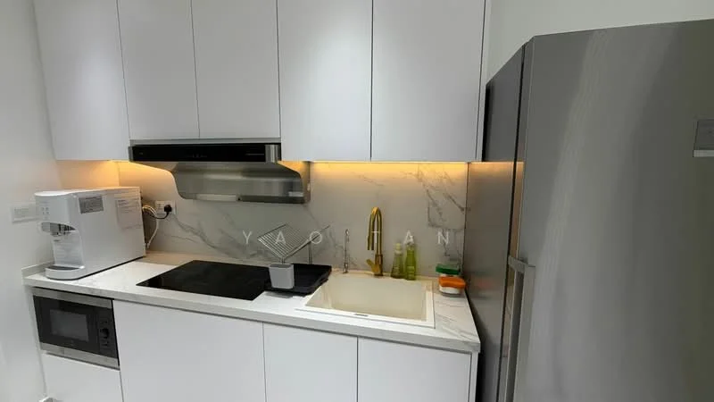 Kitchen features: white cabinetry, marble backsplash, stainless-steel sink, chrome gooseneck faucet, built-in oven, induction cooktop, stainless-steel range hood, microwave, stainless-steel fridge, countertop with integrated sink, under-cabinet lighting, kitchen utensils on countertop; style: modern.