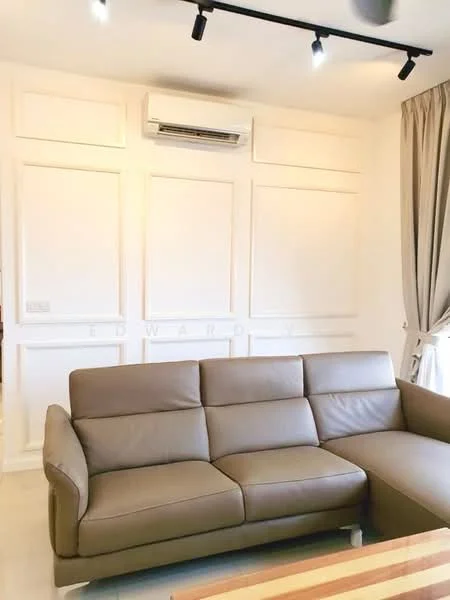 Living features: 3-seater leather sofa in beige, wall-mounted split AC, white painted walls with panel moulding, recessed LED downlights, curtains in light fabric, light-coloured flooring; style: modern.