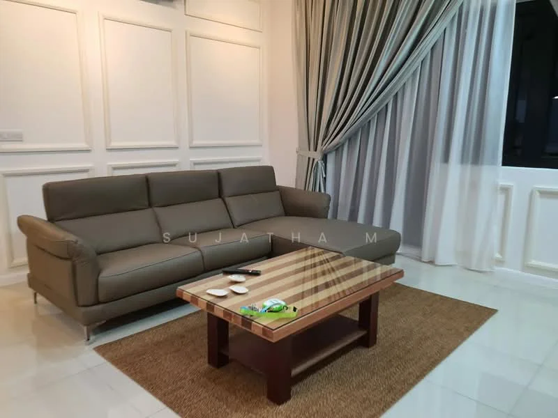 Living features: 3-seater leather sofa in grey, coffee table with wooden top and dark wood legs, area rug with neutral color, white painted walls with paneling, floor-to-ceiling windows with sheer curtains, recessed downlights, decorative wall molding, polished tile flooring; style: modern.