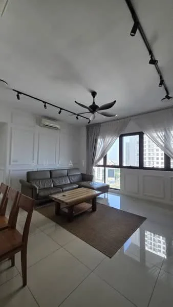 Living features: 3-seater leather sofa in grey, wood coffee table, area rug, floor-to-ceiling windows, sheer curtains, recessed LED downlights, 5-blade ceiling fan, white painted walls, glossy tile flooring, air conditioning unit; style: modern; view: city.