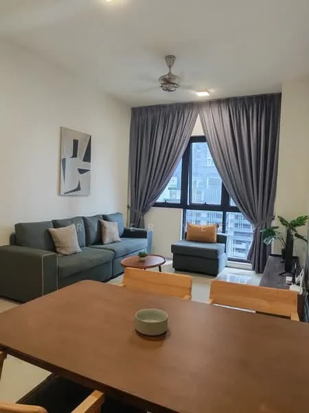 Living features: 3-seater fabric sofa in dark green, single armchair in dark green, wooden coffee table, TV console, wall-mounted TV, floor-to-ceiling windows, grey curtains, abstract artwork on wall, ceiling fan with light, light-coloured walls, tile flooring; style: modern; view: city.