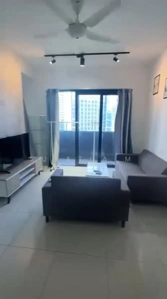 Living features: 3-seater fabric sofa in grey, 2-seater fabric sofa in grey, coffee table, wall-mounted TV, TV console, ceiling fan, recessed LED downlights, floor-to-ceiling windows, curtains, light-coloured walls, tile flooring; style: modern; view: city.