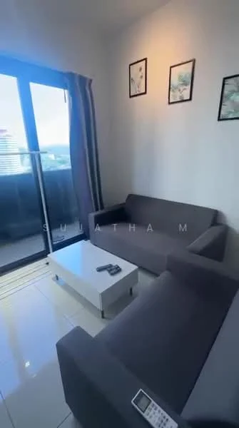 Living features: grey fabric sofa, white coffee table, floor-to-ceiling windows, sliding glass door, curtains, framed artwork on walls, glossy tile flooring, remote control on coffee table; style: modern; view: city.