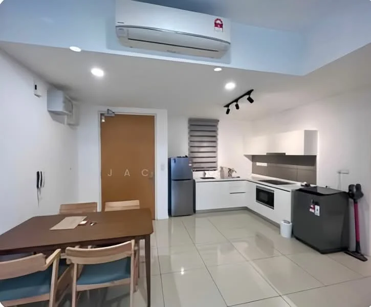 Kitchen features: white cabinetry, stainless-steel fridge, built-in oven, ceramic cooktop, microwave, single-bowl stainless-steel sink, chrome pull-down faucet, grey backsplash, tile flooring, recessed downlights, 1 wall-mounted split AC, dining table with 4 chairs; style: modern.