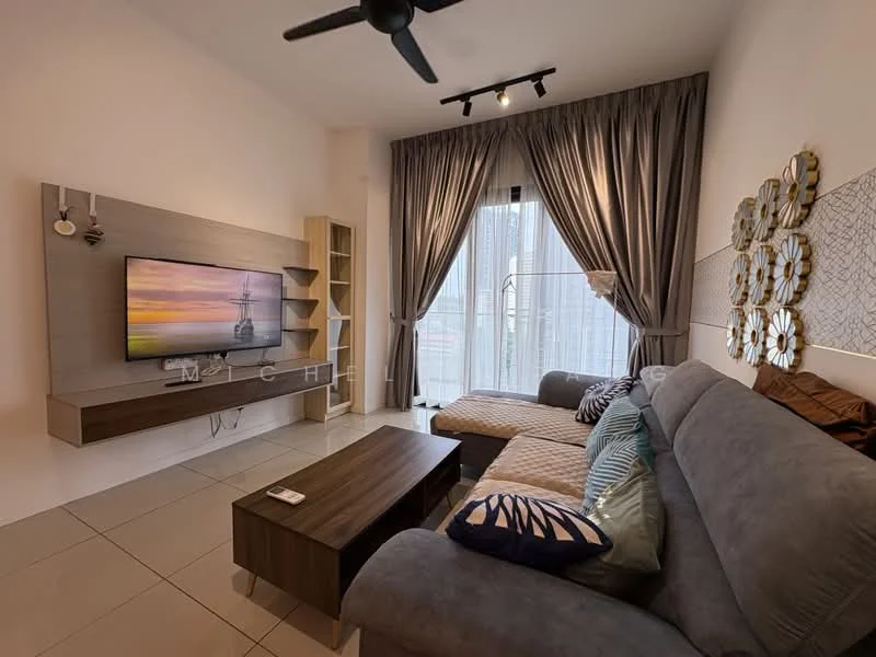 Living features: grey fabric sectional sofa, wooden coffee table, wall-mounted TV, TV console with storage, floor-to-ceiling windows, sheer curtains, dark grey drapes, decorative wall with floral accents, built-in shelving unit, recessed downlights, ceiling fan; style: modern; view: city.