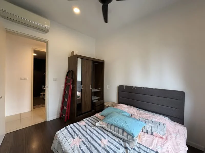 Bedroom features: queen-size bed with grey upholstered headboard, striped bedding in pastel colors, 2 bedside pillows, built-in wardrobe with mirrored doors, wooden flooring, 5-blade ceiling fan, wall-mounted air conditioning unit, decorative wall art, ladder leaning against the wall; style: modern.