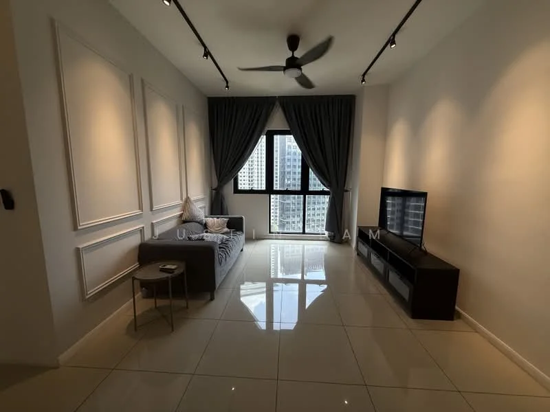 Living features: grey fabric sofa, coffee table, wall-mounted TV, TV console, floor-to-ceiling windows, grey curtains, recessed downlights, white painted walls, glossy tile flooring, ceiling fan; style: modern; view: city.