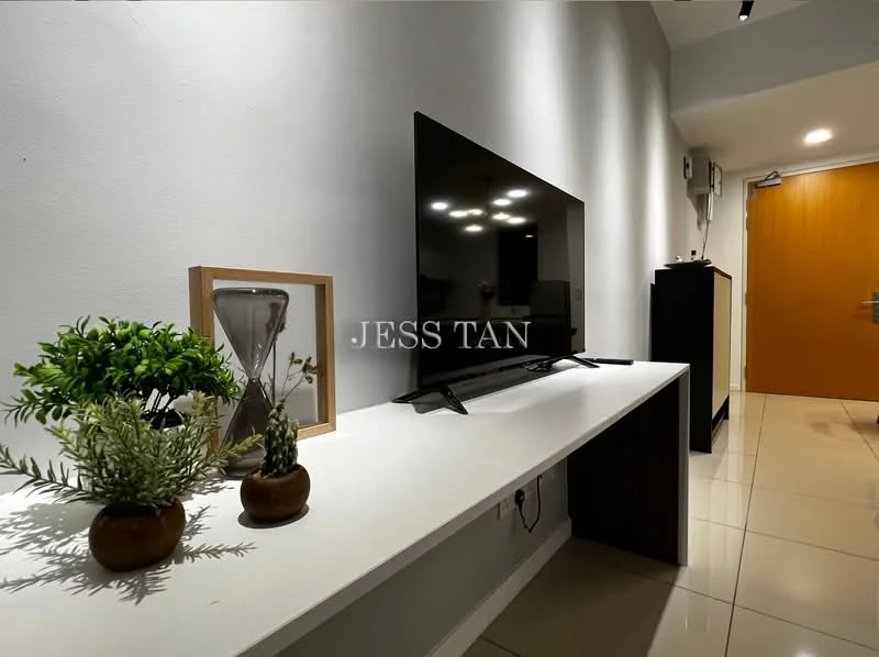 Living features: white painted walls, glossy tile flooring, wall-mounted TV, white console table, framed artwork, decorative plants in pots, recessed downlights, main entrance door; style: modern.