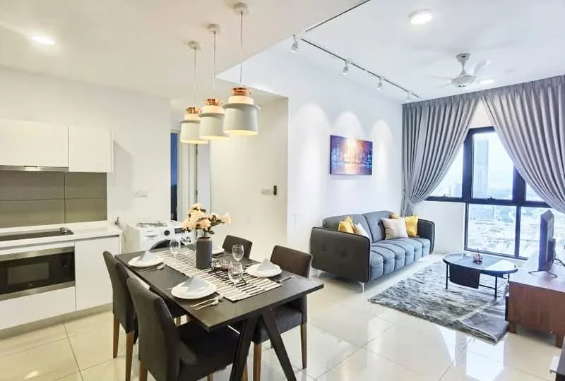 Living features: grey fabric sofa, coffee table, area rug with geometric pattern, floor-to-ceiling windows, city skyline view, 5-blade ceiling fan with light, wall-mounted TV, decorative cushions; style: modern; view: city. Kitchen features: white cabinetry, stainless-steel microwave, built-in oven, ceramic cooktop, grey backsplash, countertop with bar seating, sink, dishwasher; style: modern. Dining features: 4-seater dining table, white plates, wine glasses, table runner, decorative flowers; style: modern.