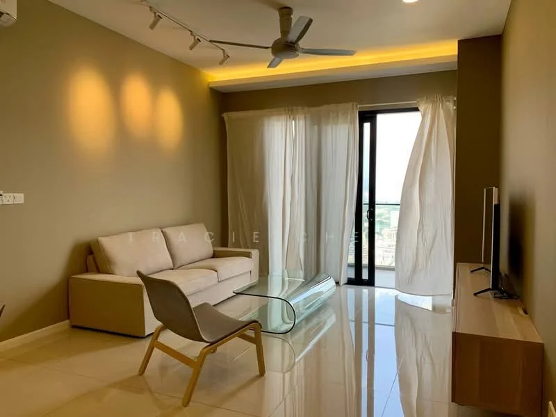 Living features: 3-seater fabric sofa in beige, glass coffee table, floor-to-ceiling windows, sheer curtains, TV console, wall-mounted TV, recessed downlights, ceiling fan, white painted walls, glossy tile flooring; style: modern; view: city.