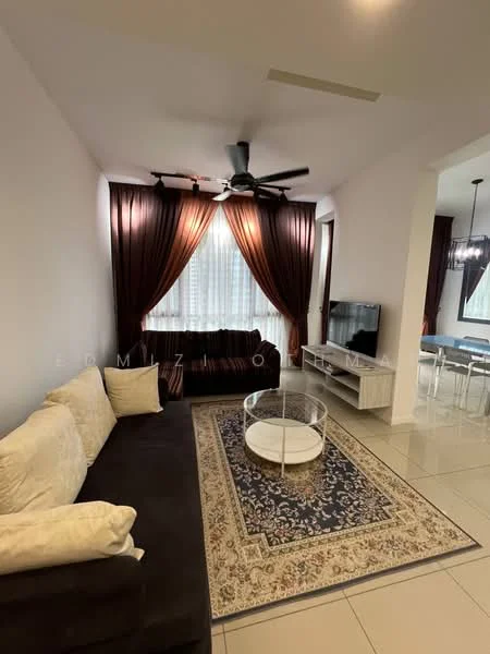 Living features: 3-seater fabric sofa in dark brown, cream throw pillows, round glass coffee table, area rug with floral pattern, floor-to-ceiling windows, sheer curtains, dark red curtains, ceiling fan with light, wall-mounted TV, TV console in white, decorative wall art; style: modern.