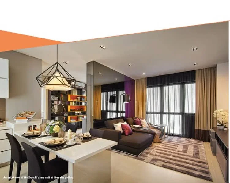 Living features: 3-seater fabric sofa in dark grey, coffee table, TV console, wall-mounted TV, area rug with geometric pattern, floor-to-ceiling windows, sheer curtains, blackout curtains, pendant lighting, recessed downlights, decorative wall with purple accent, open shelving unit, dining table for four, upholstered dining chairs, decorative plants; style: modern; view: city.