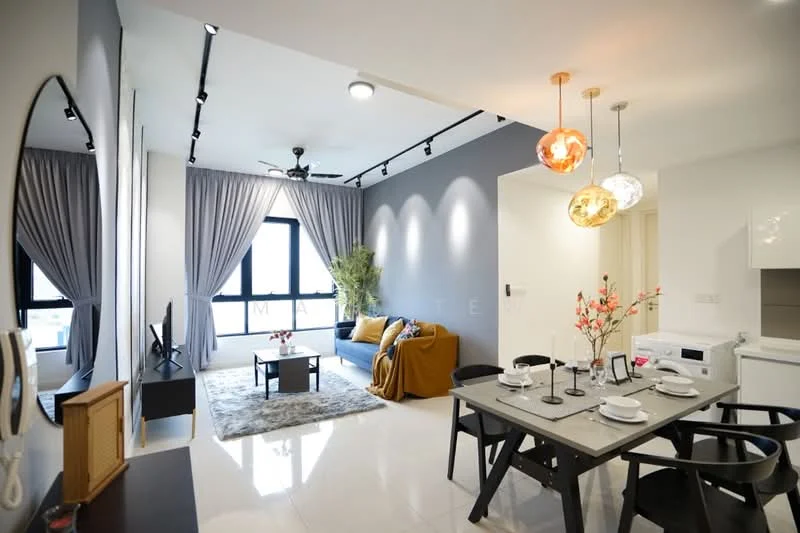 Living features: grey fabric sofa, orange throw blanket, area rug with geometric pattern, floor-to-ceiling windows, black ceiling fan, recessed downlights, wall-mounted TV, decorative wall mirror, decorative plant in pot; style: modern; view: city. Dining features: black dining table for six, upholstered dining chairs, table setting with plates and cutlery, pendant lights in orange and clear glass, microwave, white cabinetry; style: modern.