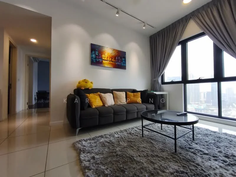 Living features: 3-seater fabric sofa in grey, yellow decorative cushions, coffee table with black frame, area rug with shaggy texture, floor-to-ceiling windows, city skyline view, wall-mounted artwork, recessed downlights, curtains in grey, white painted walls, tile flooring; style: modern; view: city.
