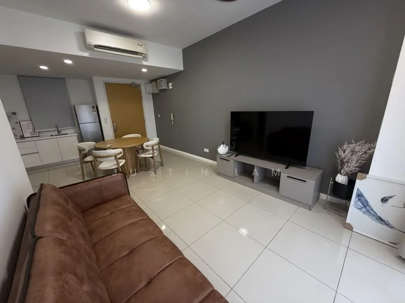 Living features: brown fabric sofa, round dining table, 4 dining chairs, wall-mounted TV, TV console, refrigerator, kitchenette with cabinets, white tiled flooring, grey accent wall, air conditioning unit, decorative plant in vase, ceiling light; style: modern.