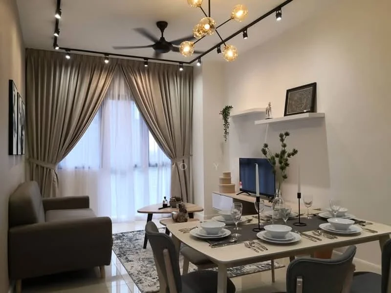 Dining features: 6-seater dining table, upholstered dining chairs, decorative table setting with plates and glasses, pendant lighting with multiple bulbs, wall-mounted TV, light grey fabric sofa, area rug with geometric pattern, curtains with sheer and blackout layers, ceiling fan, shelf with decorative items; style: modern.