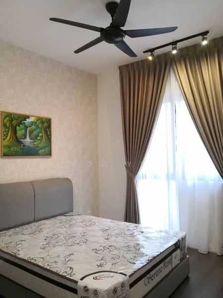 Bedroom features: queen-size bed, upholstered headboard, 5-blade ceiling fan with light, floor-to-ceiling windows, sheer curtains, dark brown curtains, decorative painting on wall, light wallpaper with floral pattern, wooden flooring; style: modern.