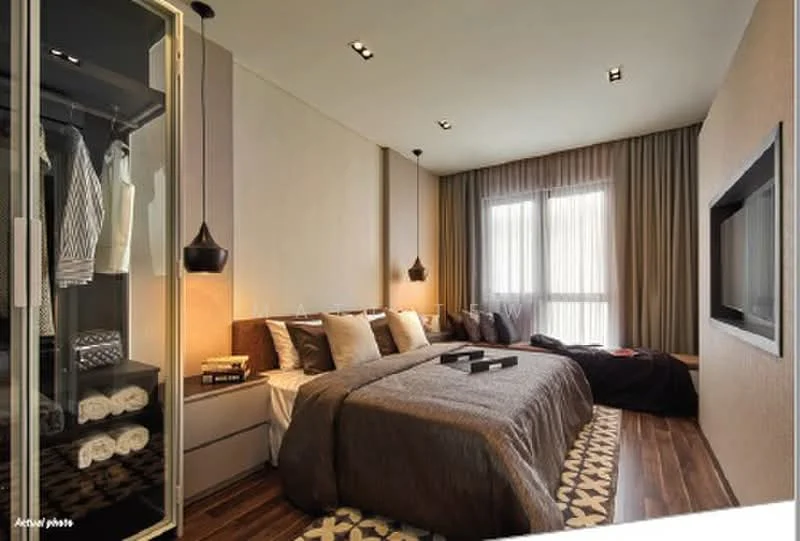 Bedroom features: king-size bed with brown bedding, upholstered headboard, two bedside lamps, built-in wardrobe with glass doors, wooden flooring, floor-to-ceiling windows with sheer curtains, wall-mounted TV, decorative wall paneling, area rug with geometric pattern; style: modern.