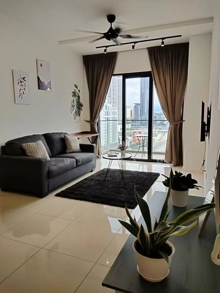 Living features: 3-seater fabric sofa in grey, glass coffee table, area rug in black, floor-to-ceiling windows, curtains in brown, wall-mounted TV, decorative wall art, potted houseplants, ceiling fan with light, polished tile flooring; style: modern; view: city.