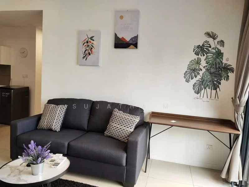 Living features: 3-seater fabric sofa in dark grey, decorative throw pillows with geometric pattern, round coffee table with white top, wall-mounted artwork with abstract designs, wall-mounted plant decor, curtains in light grey, laminate side table, tile flooring in light color; style: modern.