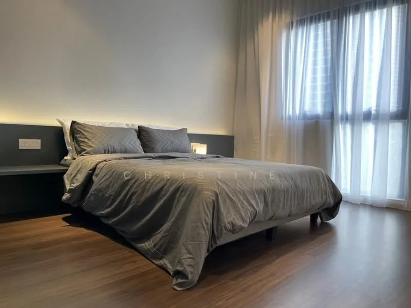 Bedroom features: king-size bed, upholstered headboard, grey bedding, nightstand with lamp, floor-to-ceiling window, sheer curtains, wooden flooring, wall-mounted electrical outlets; style: modern.