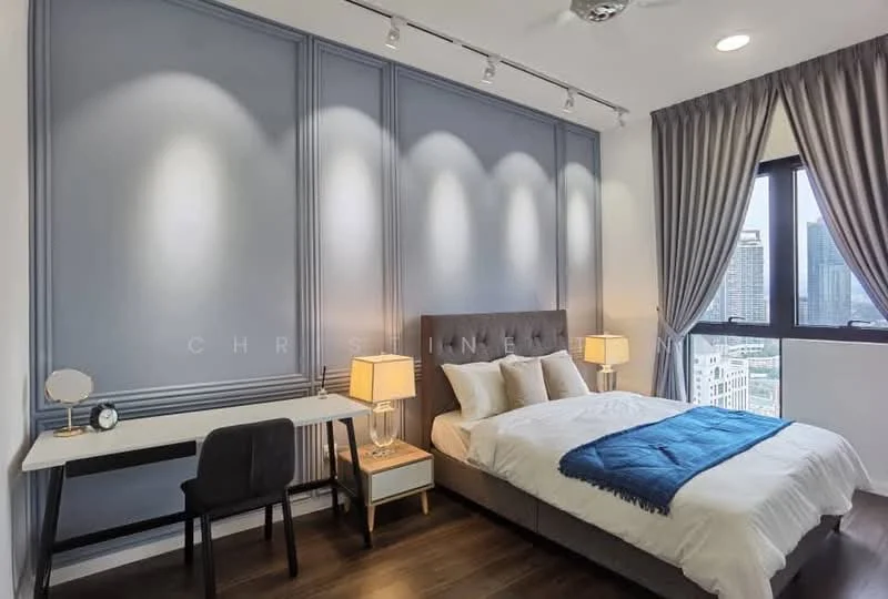 Bedroom features: king-size bed with upholstered headboard, white bedding with blue throw blanket, two bedside lamps with white shades, desk with black chair, floor-to-ceiling windows, grey curtains, recessed lighting, wooden flooring, accent wall with paneling in light blue; style: modern; view: city.