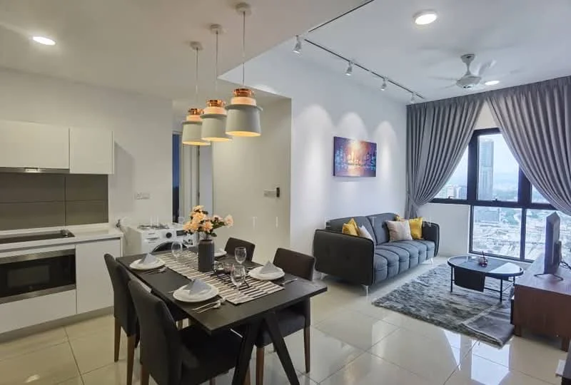 Living features: grey fabric sofa, coffee table, area rug, floor-to-ceiling windows, curtains, ceiling fan with light, wall-mounted artwork, decorative cushions; style: modern; view: city. Dining features: 4-seater dining table, dining chairs, table setting with plates and glasses, striped table runner, flower vase; style: modern; view: city. Kitchen features: white cabinetry, built-in oven, stainless-steel sink, cooktop, countertop, kitchen island, microwave, refrigerator; style: modern; view: city.