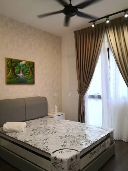 Bedroom features: queen-size bed, upholstered headboard, bedside table, table lamp, 5-blade ceiling fan, floor-to-ceiling window, sheer curtains, dark brown curtains, decorative painting on wall, wallpaper with floral pattern; style: modern.