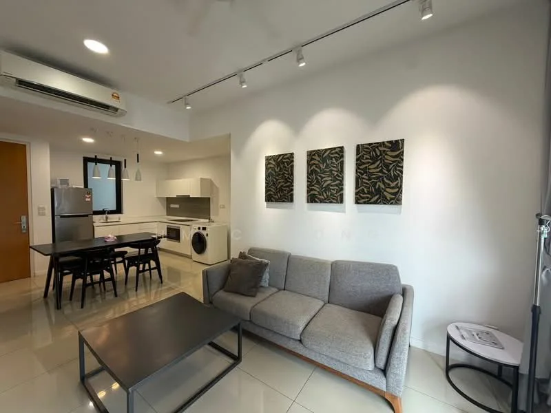 Living features: 3-seater grey fabric sofa, black coffee table, dining table for 4, black dining chairs, wall-mounted air conditioning unit, recessed LED downlights, white painted walls, glossy tile flooring, framed artwork on walls, washing machine, stainless-steel fridge, built-in kitchen cabinetry, open kitchen layout; style: modern.