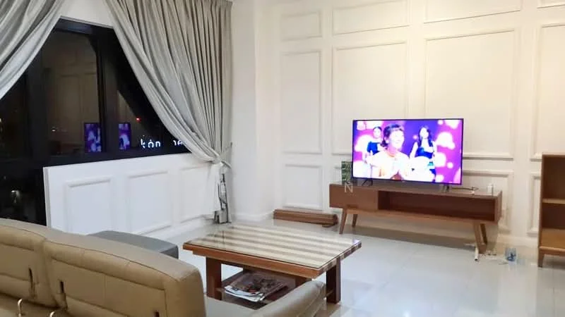 Living features: grey fabric sofa, wood coffee table with glass top, wall-mounted TV, TV console with wooden finish, floor-to-ceiling window, curtains in light grey, white painted walls with paneling, ceramic tile flooring, decorative wall art, magazine on coffee table; style: modern; view: city.
