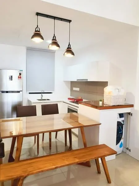 Kitchen features: white cabinetry, grey tiled backsplash, stainless-steel fridge, stainless-steel sink, chrome pull-down faucet, 4-burner gas hob, built-in oven, pendant lighting, glass dining table, wooden dining bench, wooden dining chairs, washing machine, ceramic tile flooring; style: modern.