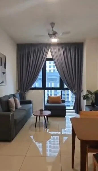 Living features: 3-seater fabric sofa in grey, accent chair in dark grey, round coffee table, floor-to-ceiling windows, sheer curtains, dark grey curtains, ceiling fan, decorative wall art, tile flooring, indoor plant, dining table with chairs; style: modern; view: city.