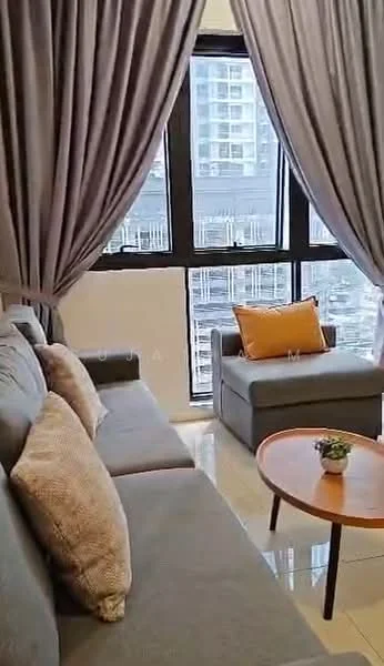 Living features: 3-seater fabric sofa in grey, accent chair in grey, round wooden coffee table, floor-to-ceiling windows, sheer curtains, decorative throw pillows in orange, polished tile flooring, wall-mounted decor, houseplant in ceramic pot; style: modern; view: city.