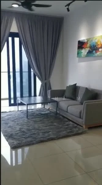 Living features: 3-seater fabric sofa in grey, glass coffee table, area rug with geometric pattern, floor-to-ceiling windows, sheer curtains, recessed downlights, wall-mounted artwork, polished tile flooring; style: modern.