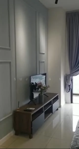 Living features: light grey painted walls, white ceiling, floor-to-ceiling window, curtains in light grey, TV on wooden console, wooden console with storage, decorative vase with flowers, glossy tile flooring; style: modern; view: city.