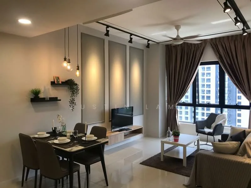Living features: 3-seater fabric sofa in light grey, coffee table with white top, TV console with wooden finish, wall-mounted TV, dining table for 4 with upholstered chairs, pendant lighting with exposed bulbs, ceiling fan with light, floor-to-ceiling windows, curtains in brown fabric, decorative plant on the table, wall-mounted shelf with decorative items, white tiled flooring, neutral painted walls; style: modern; view: city.
