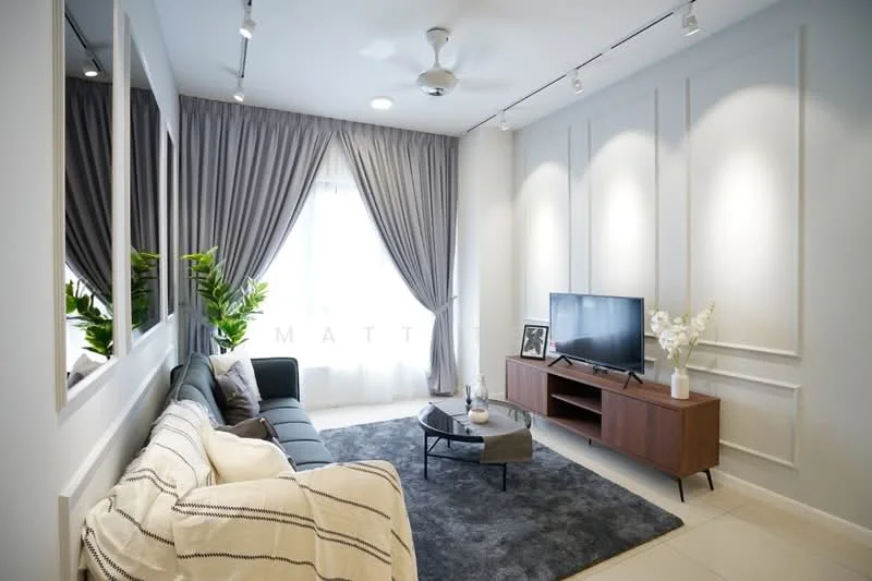 Living features: 3-seater fabric sofa in grey, coffee table, wall-mounted TV, TV console in wood, area rug with geometric pattern, floor-to-ceiling windows, sheer curtains, recessed LED downlights, ceiling fan, decorative plant in ceramic pot, framed artwork, white painted walls with paneling; style: modern.