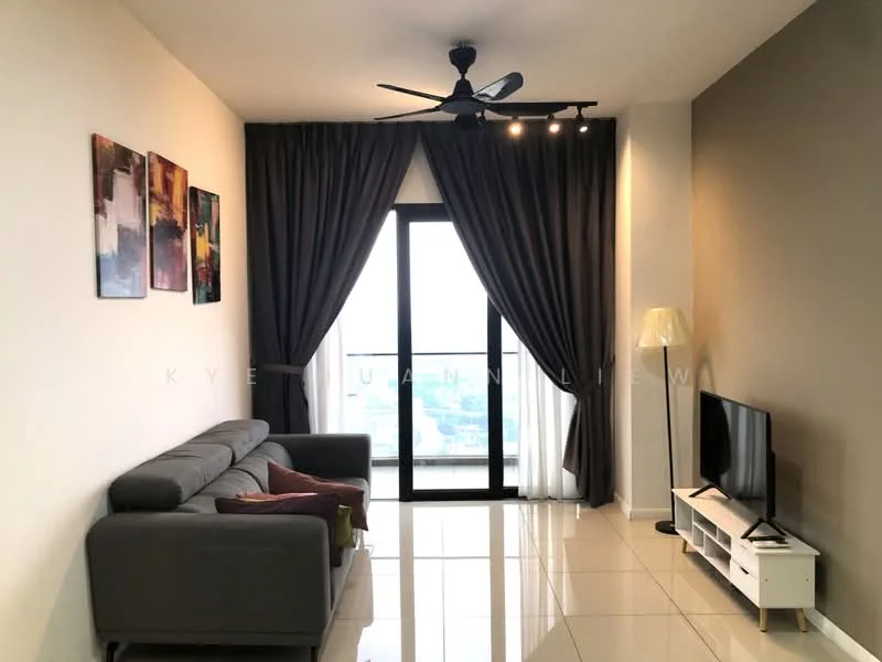 Living features: grey fabric 3-seater sofa, decorative cushions, white TV console, wall-mounted TV, floor lamp, 5-blade ceiling fan with integrated LED light, large sliding glass door, floor-to-ceiling curtains, glossy tile flooring, framed artwork on walls; style: modern; view: city.