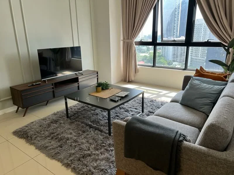 Living features: grey fabric sofa, coffee table with black surface, TV console in dark wood, wall-mounted TV, area rug with shaggy texture, floor-to-ceiling windows, curtains in light beige, decorative plant, light-colored tiled flooring, throw pillows in blue and grey; style: modern; view: city.