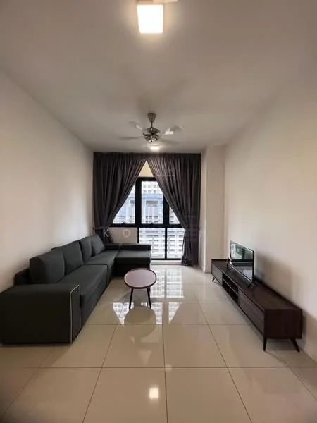 Living features: L-shape sectional sofa in grey, coffee table, TV console, wall-mounted TV, floor-to-ceiling windows, sheer curtains, 5-blade ceiling fan with light, polished ceramic tile flooring, decorative wall with no visible features; style: modern; view: city.