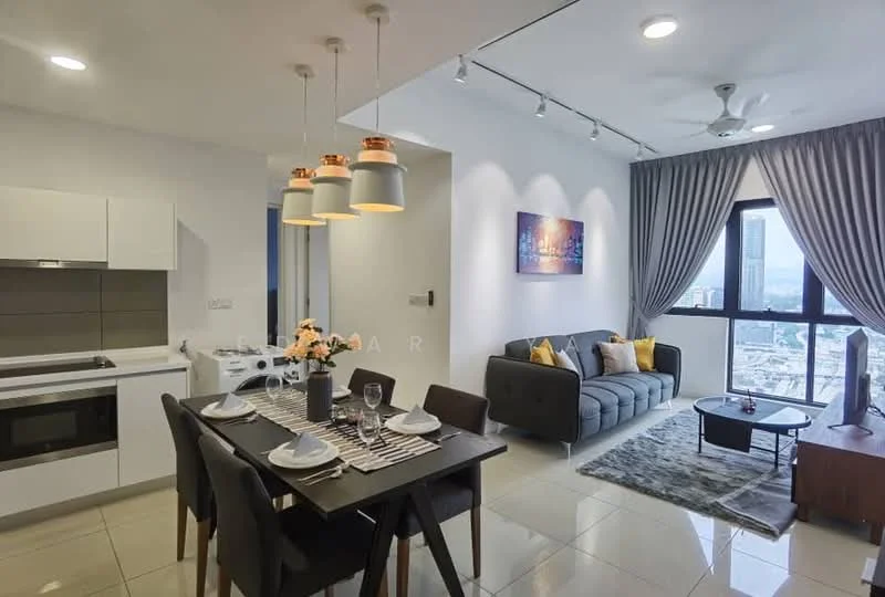 Living features: grey fabric sofa, coffee table, floor-to-ceiling windows, city view, recessed downlights, ceiling fan, decorative cushions, area rug, wall-mounted artwork; style: modern; view: city. Dining features: 4-seater dining table, black dining chairs, table setting with plates and glasses, striped table runner, pendant lighting above table; style: modern. Kitchen features: white cabinetry, built-in oven, stainless-steel sink, ceramic tile backsplash, countertop with space for appliances; style: modern.