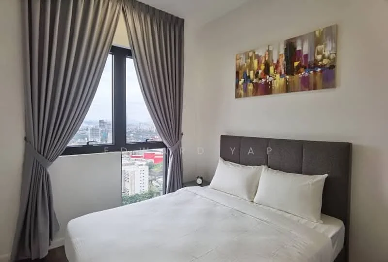 Bedroom features: queen-size bed, upholstered headboard, white bedding, floor-to-ceiling windows, grey curtains, decorative artwork on wall, nightstand, lamp on nightstand; style: modern; view: city.