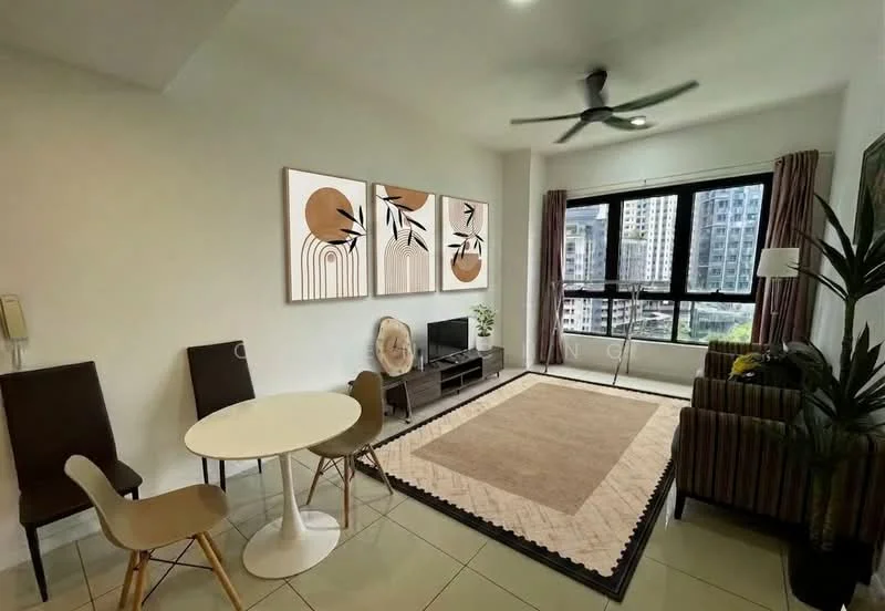 Living features: 5-blade ceiling fan with light, floor-to-ceiling windows, curtains, wall-mounted TV, TV console, sofa with striped upholstery, coffee table, area rug with geometric pattern, decorative wall art, plant in ceramic pot, dining table with two chairs; style: modern; view: city.