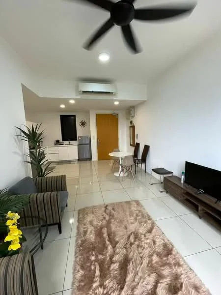 Living features: white painted walls, glossy tile flooring, 5-blade ceiling fan, wall-mounted air conditioning unit, sofa with striped upholstery, coffee table, TV console, wall-mounted TV, area rug with shaggy texture, decorative houseplants, dining table with four chairs, refrigerator, mirror on wall; style: modern.