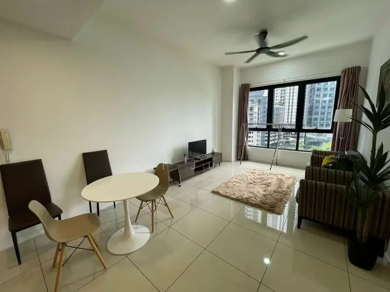 Living features: white painted walls, glossy ceramic tile flooring, 5-blade ceiling fan with light, floor-to-ceiling windows, curtains, TV console, wall-mounted TV, sofa in beige fabric, round dining table, 2 dining chairs, area rug with fluffy texture, indoor plant; style: modern; view: city.