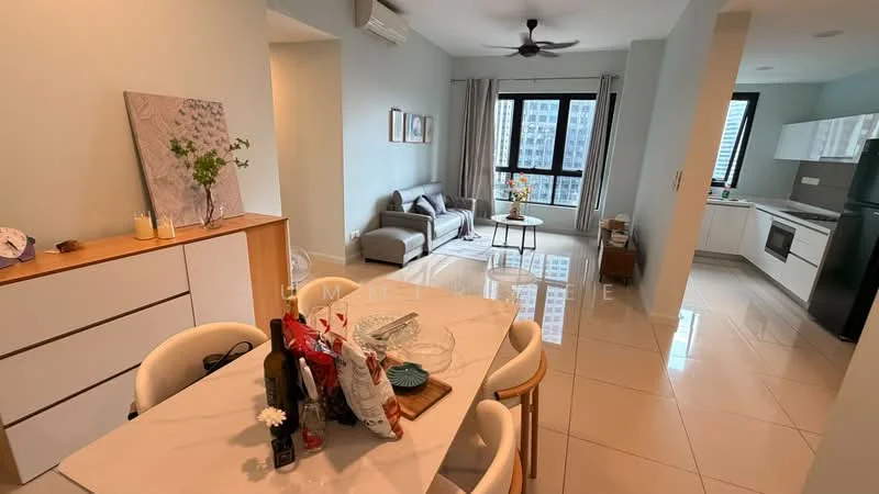 Living features: light grey walls, white ceiling, 5-blade ceiling fan with light, floor-to-ceiling windows, grey fabric sofa, coffee table, area rug, decorative plants, wall-mounted artwork; style: modern; view: city. Kitchen features: white cabinetry, stainless-steel fridge, built-in oven, 4-burner gas hob, white quartz countertop, tile backsplash, single-bowl stainless-steel sink, chrome pull-down faucet; style: modern.