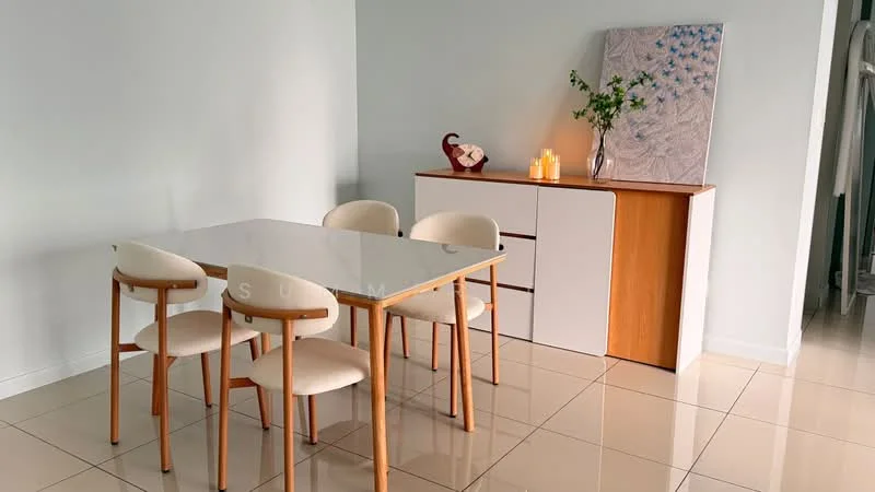 Dining features: 6-seater dining table with white marble top, wooden legs on dining table, 4 upholstered dining chairs in cream, sideboard with white and wood finish, decorative artwork on wall, small vase with greenery, candles on sideboard, glossy tile flooring in light color, neutral painted walls; style: modern.